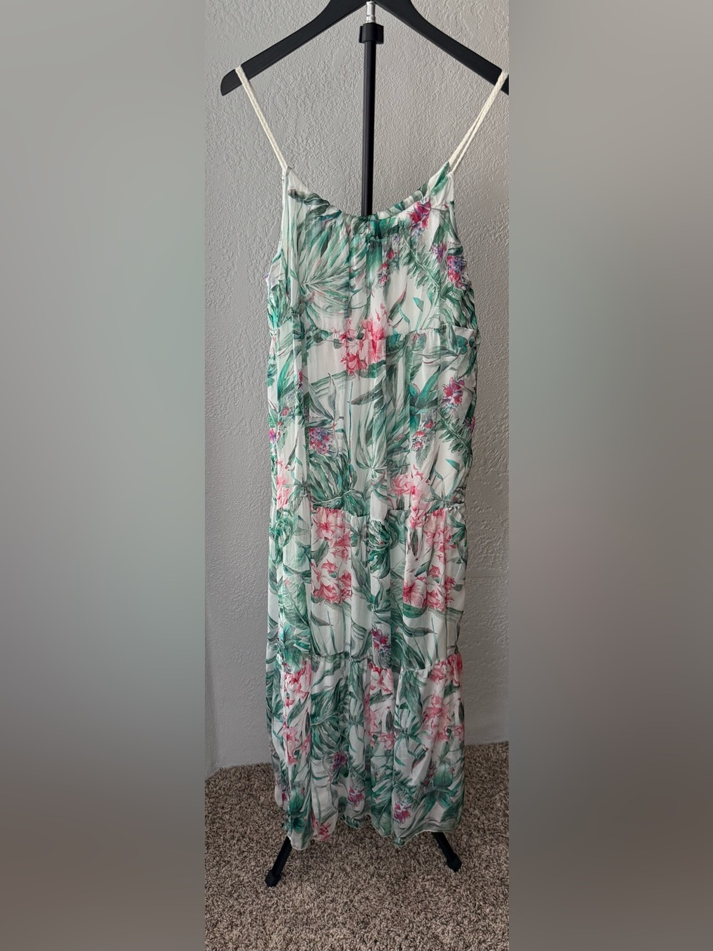 Elena Baldi silk blend tropical Floral Green & Pink Tiered Maxi Dress. Size M